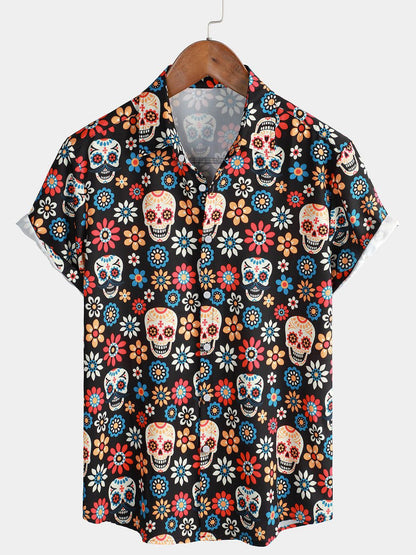 Men's Floral Skull Smiley Shirt Tropical Fashion Hawaiian Street Casual Short Sleeve Shirt Lapel Fashion Outdoor