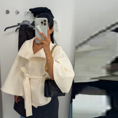 chic vintage cape jacket with belt stand neck single breasted loose coat loose flare sleeve coats early lady autumn Y2K outwears