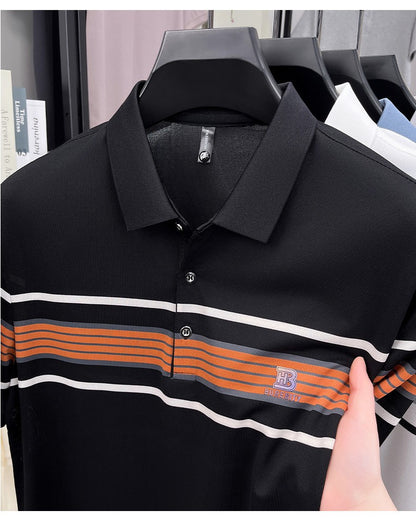 Advanced trend brand men's short sleeve polo shirt luxury striped summer breathable casual fashion letter embossed new T-shirt