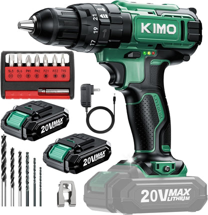 Conjunto de Furadeira de Impacto sem Fio 20V com 2 Baterias, Torque de 350 pol-lb, Mandril sem Chave de 3/8", 14 Peças de Brocas para Concreto e Madeira