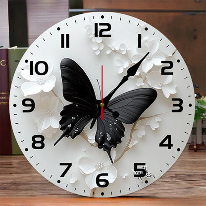 Black Butterfly Flower Wooden Round Silent Hanging Wall Clock,Suitable For Living Room,Office,Study Room,Bedroom,Home Decoration