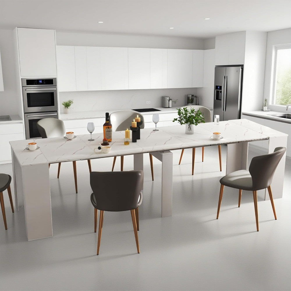 Modern 20 to 118.5 Inch Expandable Dining Table, White Marble Top, Seats 2 to 12 People