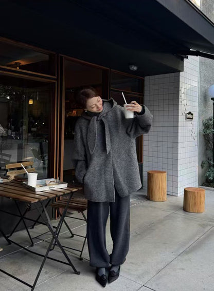 Korean Sle Woolen Coat Women's Chic Temperament Sweet Bow Tie Collar Hooded Warm Woolen Coat Long Sve Mid-Length