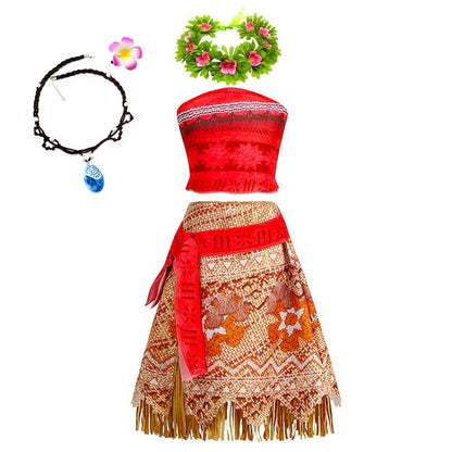 Disney Moana Dress for Kids Girls Princess Vaiana Cosplay Carnival Children Birthday Party Headwear Necklace Pet Pig Chicken Set