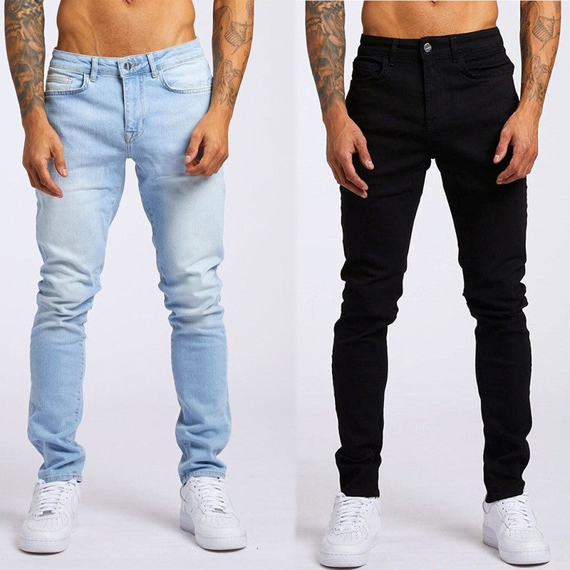 Calça Jeans Masculina Elástica Skinny Cor Sólida Calça Lápis Elástica Jeans Slim Fit Corrida Streetwear Calça Jeans Casual Preto