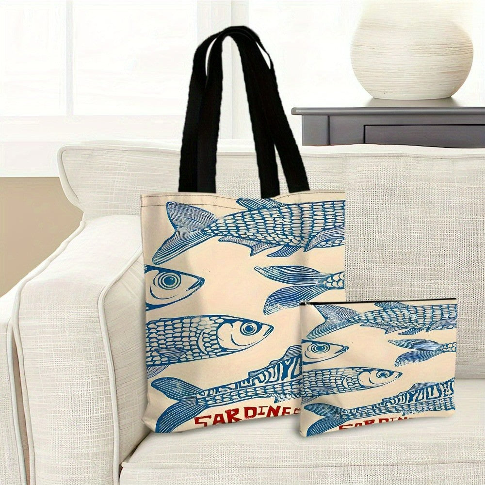 Blue Sardine Artwork Tote Bag Beach Bag with Makeup Bag Vibrant Design Reusable Shopping Bag Shoulder Bag Travel Toiletry Bag