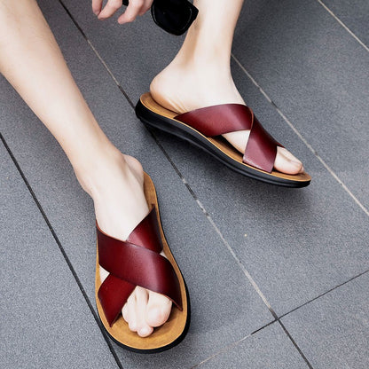 New Arrivals Italian Leather Slippers for Men Summer Hotel Beach High Quality Slip on Light Flats Male Flip Flops Big Size 38-47