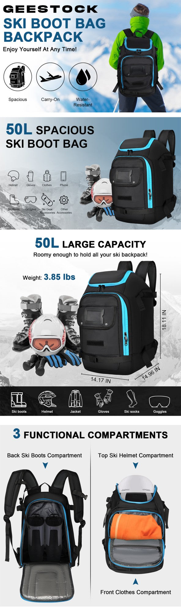 Large Capacity Ski Boot Bag for Men Women 50L Ski Travel Backpack Waterproof Skiing Boot Backpack for Snowboard Gear Accessories