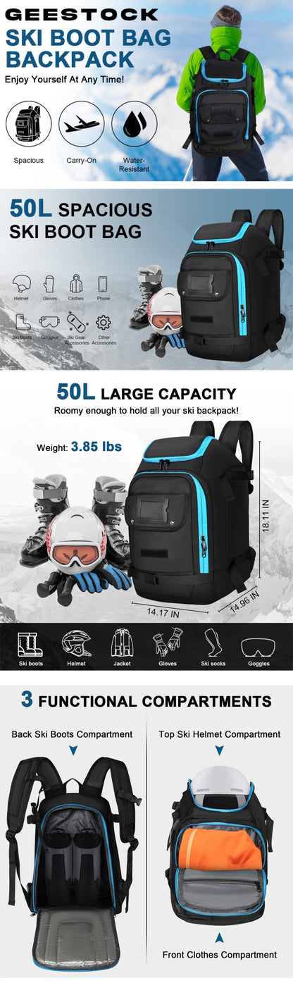 Large Capacity Ski Boot Bag for Men Women 50L Ski Travel Backpack Waterproof Skiing Boot Backpack for Snowboard Gear Accessories
