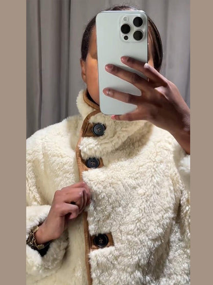 Suede Plush Both Sides Women's Coat Jacket Single Breasted Stand-Up Collar Pockets Female Jackets Autumn Loose Solid Coat Ladies