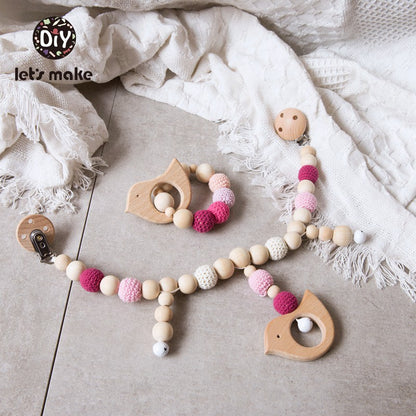 Let's Make Wood Teether Baby Bed Hanging Rattles Toy Make Noise Bird Elephant Shape Crochet Beads Bracelet Pram Clip Baby Rattle