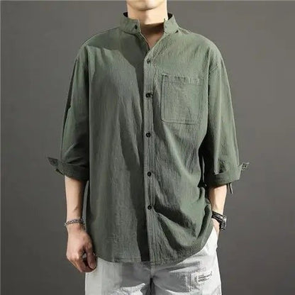 Casual Linen Cotton Shirt Men's Loose Sleeveless Top Chinese Style Autumn Outerwear Comfortable Breathable Men's Casual Shirt