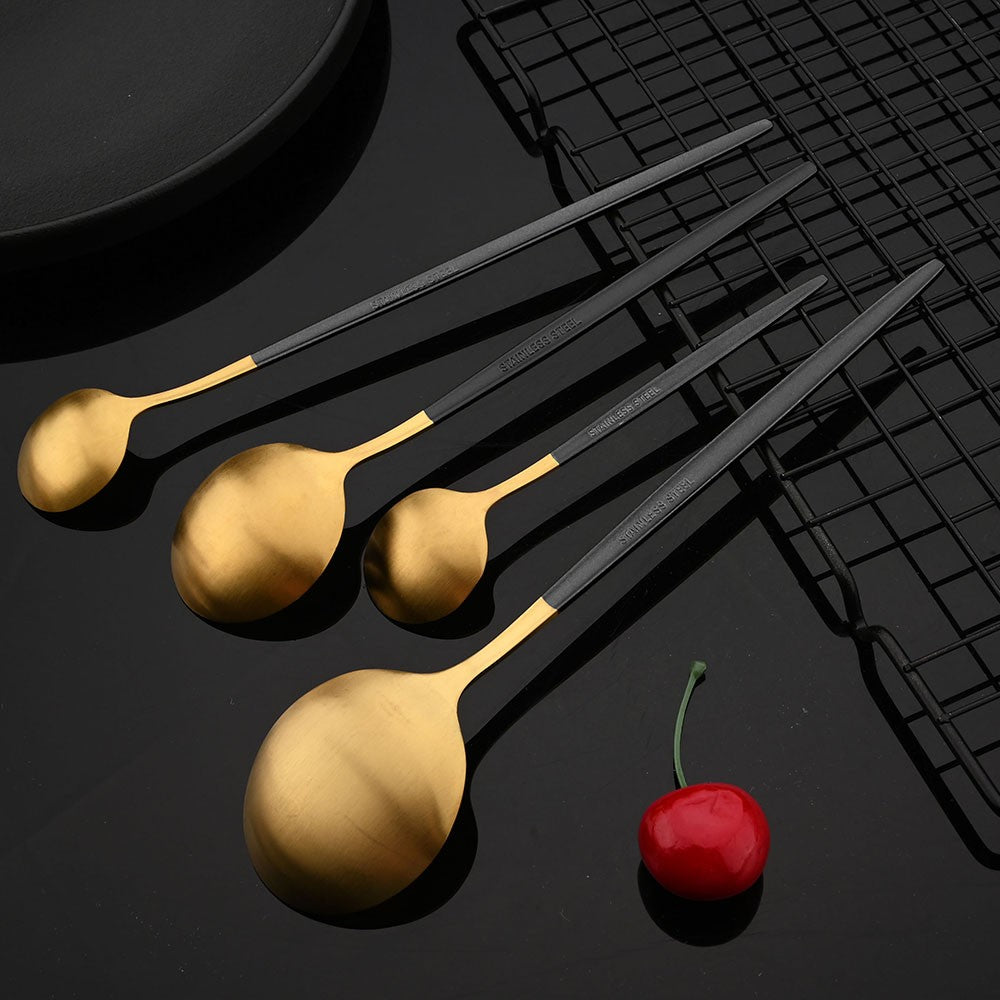 Talheres de Aço Inoxidável Preto Dourado Kit de Talheres Faca de Jantar Colher de Café Garfo Garfo de Salada Colher Faqueiro