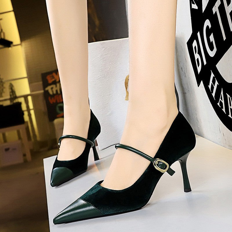 Korean Version Party 10cm 7cm High Heels Women Shoes Thin Heels Velvet Shallow Montage Pointed Toe Metal One-line Buckle Pumps