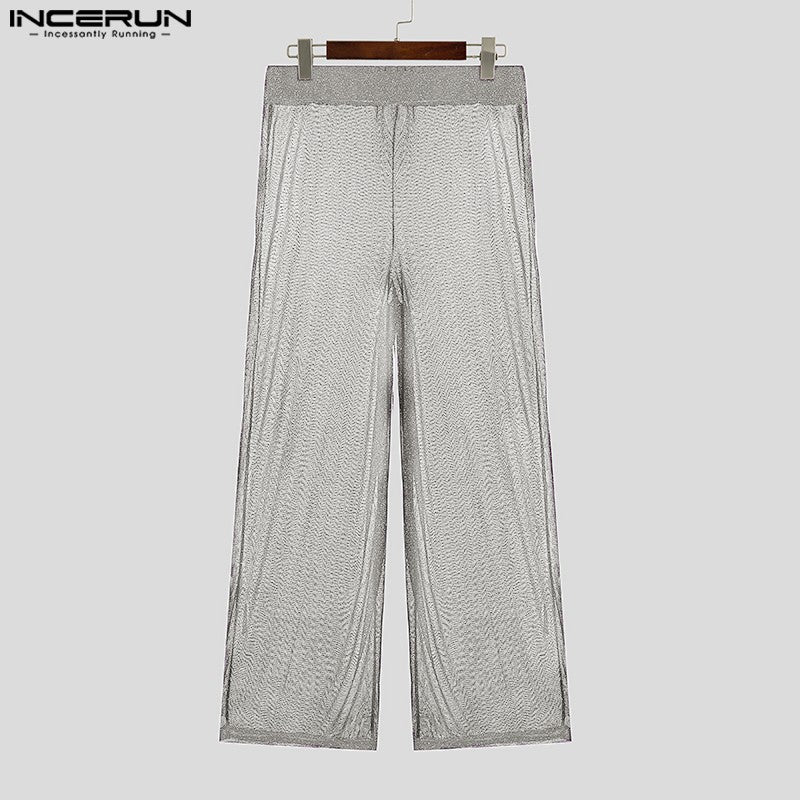 Shiny Men Casual Trousers 2024 Men Fashion Long Pnats INCERUN Elastic Waist See Through Wide Leg Bottoms Trousers Men