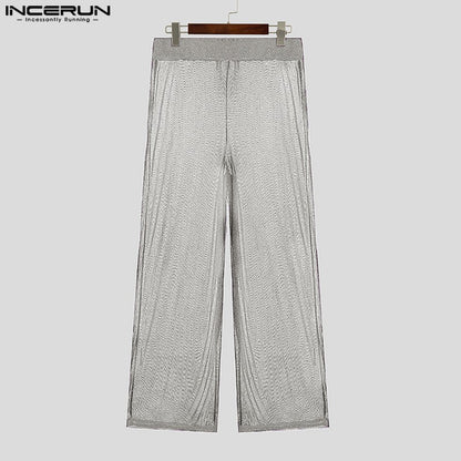 Shiny Men Casual Trousers 2024 Men Fashion Long Pnats INCERUN Elastic Waist See Through Wide Leg Bottoms Trousers Men