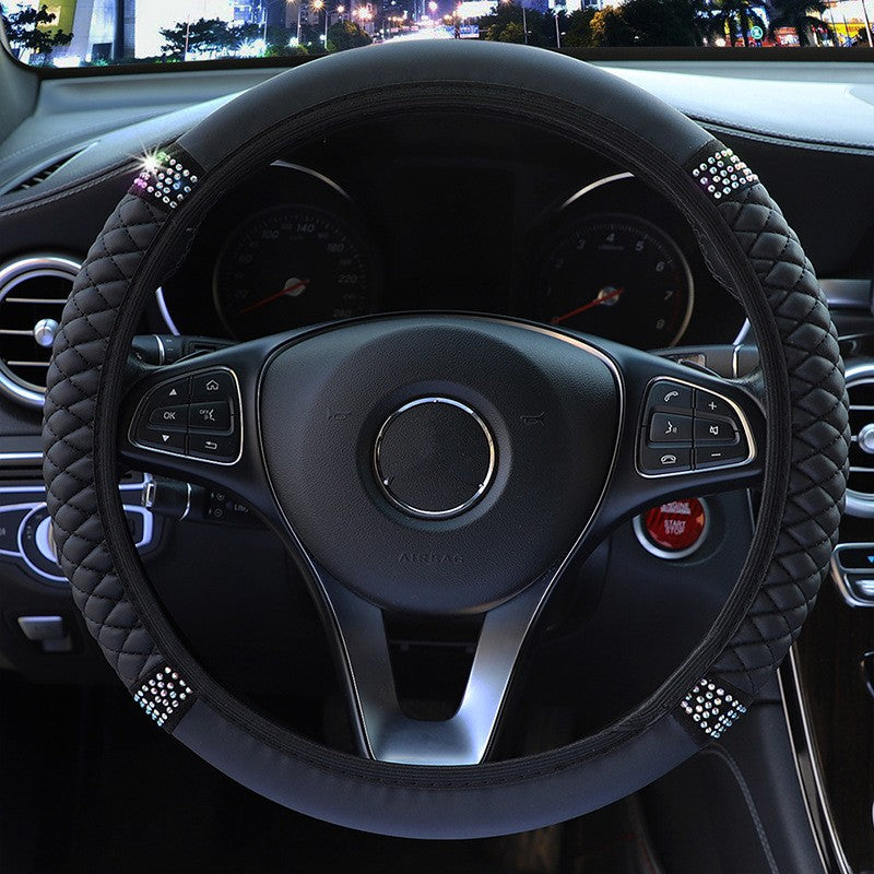 Four Seasons Universal Car Steering Wheel Cover 37-38cm Leather Embroidered Color Diamond-Studded Elastic Steering Wheel Cover