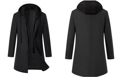 Men's Thickened Fake Two-Piece Wool Blend Overcoat, Hooded Long Coat Man, Autumn Winter Solid Color Slim Windbreaker Men