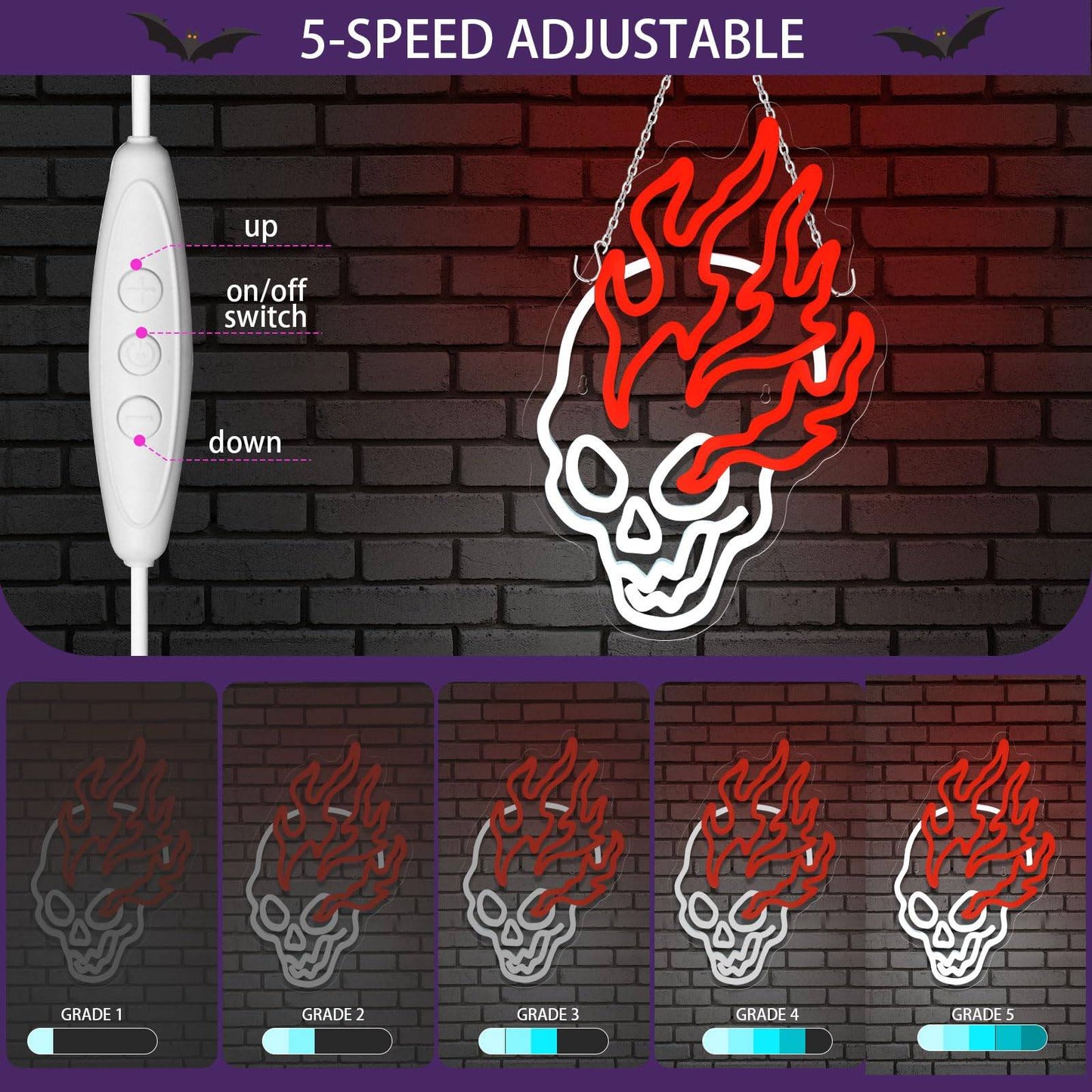 Paredes de Neon Chama de Crânio Decoradas com LEDs de Halloween Reguláveis, Alimentadas por USB, Decorações de Festa de Halloween para Caverna Masculina, Bar, Clube, Sala de Jogos