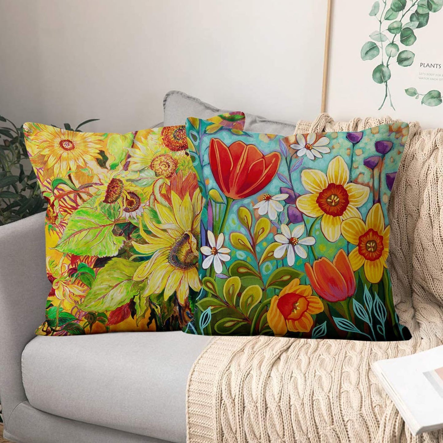 Flower Pillow Cover, Retro Oil Painting Flower Sea Pattern Sofa Decorative Cushion Covers Outdoor Upholstery Pillow Case