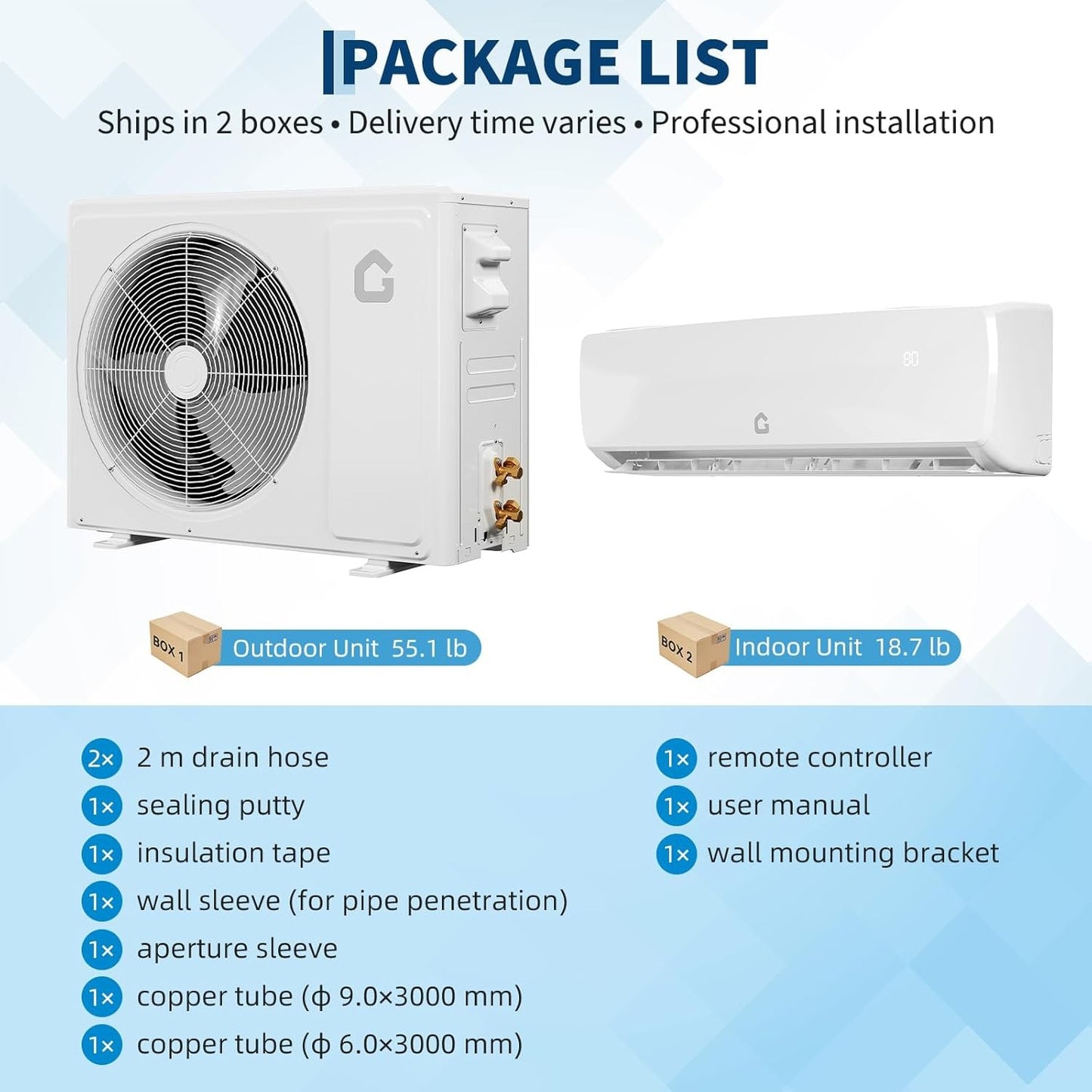 Sistema de Ar Condicionado/Aquecimento Mini Split de 9.000 BTU, 19 SEER, Bomba de Calor Sem Ductos, com Controle Remoto, para até 42 m²