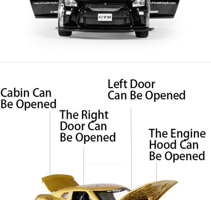 1/32 Escala Liga Fundida Nissan GTR Carro Esportivo Modelo Brinquedo Portas Abertas Fricção Som Música Veículo em Miniatura Presentes para Crianças Coleção