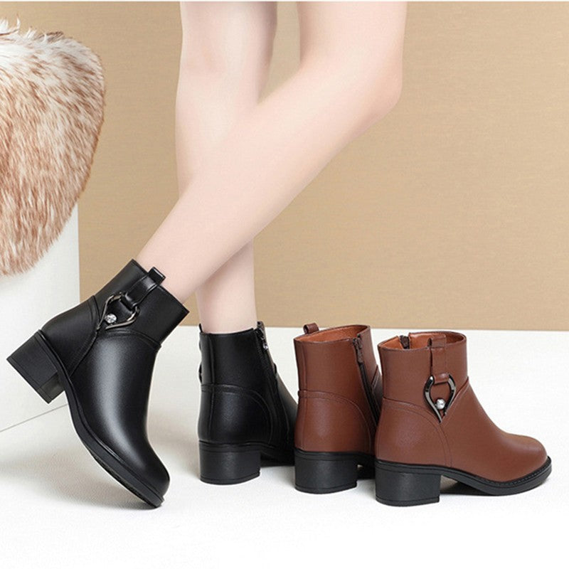Women's Winter Waterproof Fashion Soft Leather Ankle Boots Mom Thick Plush Warm Cotton Shoes Thick Heel Platform Boots