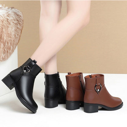 Women's Winter Waterproof Fashion Soft Leather Ankle Boots Mom Thick Plush Warm Cotton Shoes Thick Heel Platform Boots