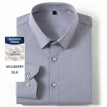 High End Mulberry Silk Soft Anti-wrinkle New Stripped Slim Fit Brand Men Shirts Designer Long Sleeve Business Casual Tops 2025