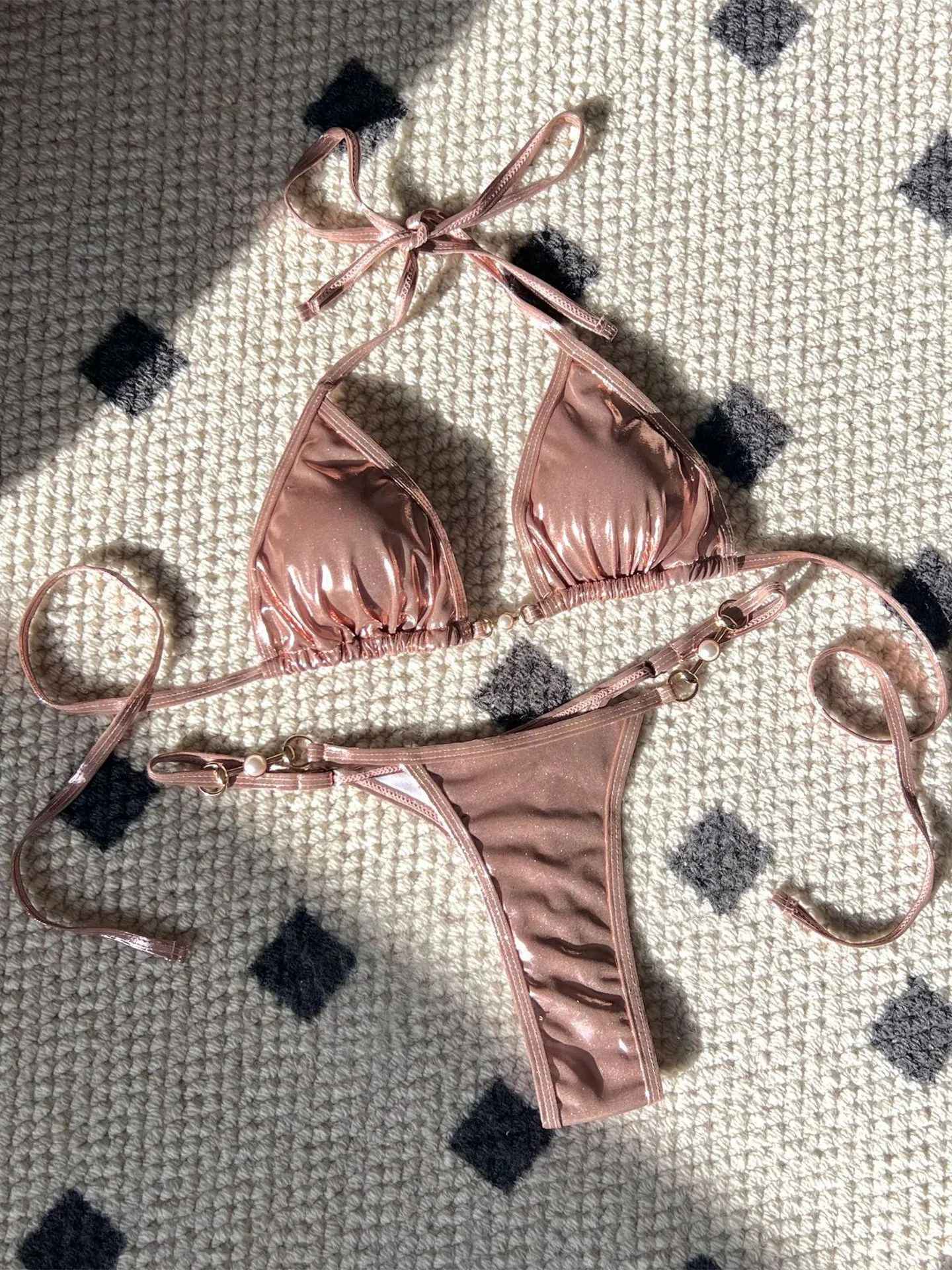 Shiny Pink Micro Bikini 2025 Mujer Women Sexy PU Pearls Push Up Thong Swimsuit Summer Bathing Suit Bandage Holiday Swimwear
