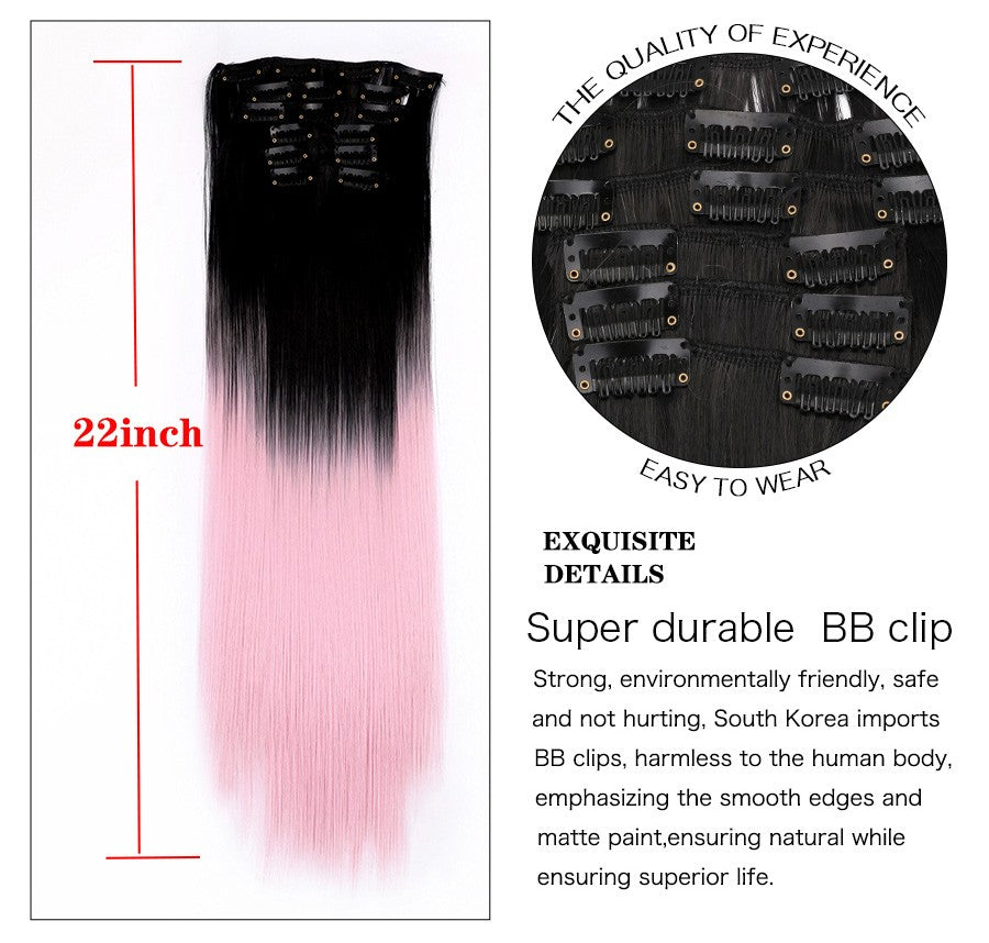 22 Polegadas Sintético Cabelo Liso Longo 16 Clipes 6 Peças/Conjunto Apliques de Cabelo Loiro Preto Resistente ao Calor Para Mulheres