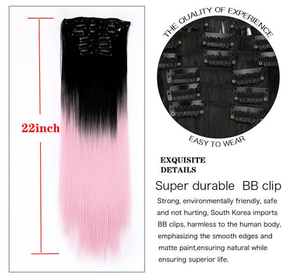 22 Polegadas Sintético Cabelo Liso Longo 16 Clipes 6 Peças/Conjunto Apliques de Cabelo Loiro Preto Resistente ao Calor Para Mulheres