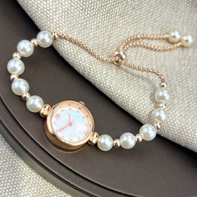 French Romantic Pearl Pull Cord Handheld Watch Elegant Small Fashion Bracelet Quartz Wristwatch Stylish Portable Timepiece