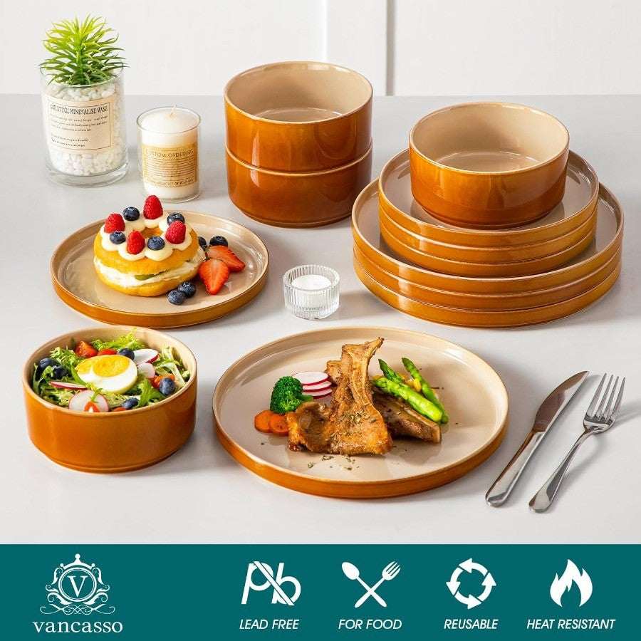 Ceramic Plates and Bowls Sets 12 Pieces Brown Dinnerware Sets for Kitchen Reactive Glaze Dishes Set for 4 Dishwasher and Microw
