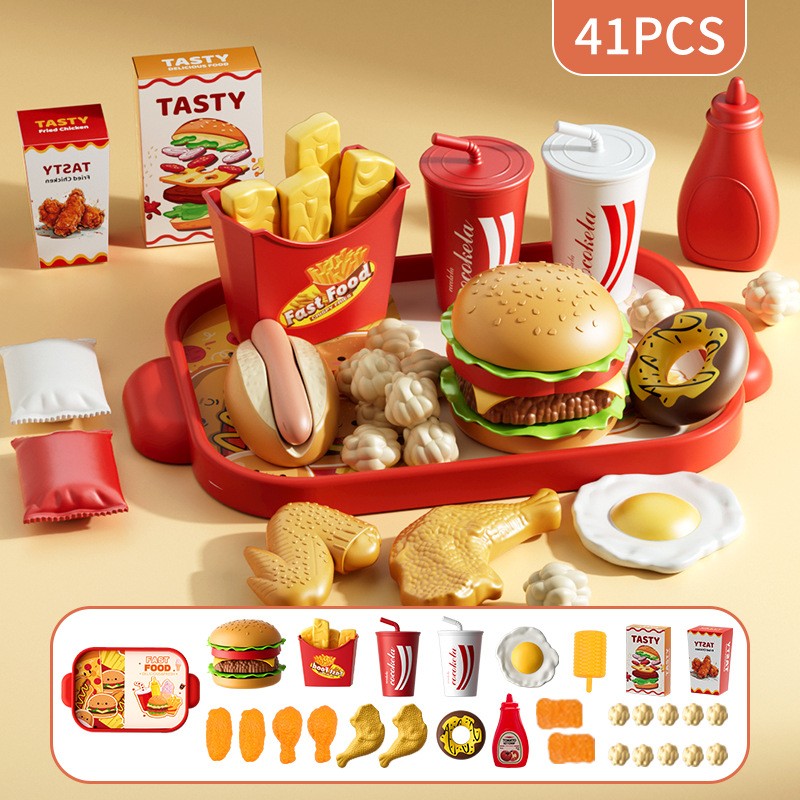 Conjunto de Brinquedos de Cozinha Infantil Simulação de Hambúrguer Pizza Batata Frita Brinquedo de Faz de Conta Comida Cozinha Jogo de Cortar Brinquedo Interativo Montessori Presente