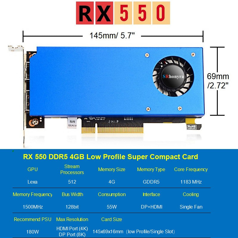 SRhonyra RX550 4GB GDDR5 128bit Low Profile Graphics Card,HDMI+DP Output,PCIe 3.0, 4/8K Desktop GPU for Office/Light Gaming