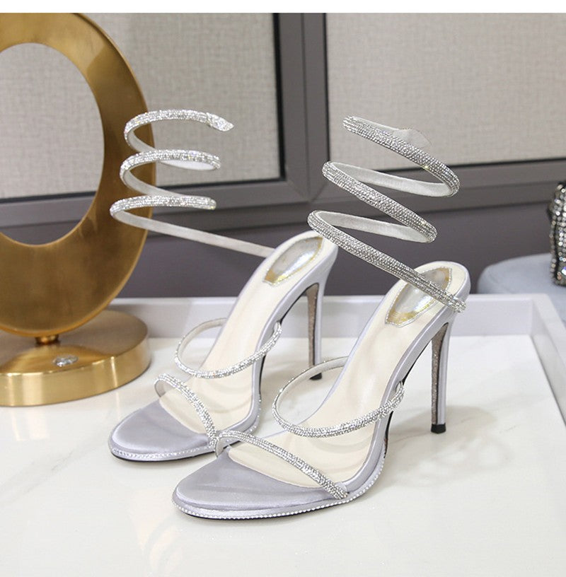 Fashion Summer Snake Twine Around Crystal Women Sandals Luxury Rhinestones Thin High heels Gladiator Sandals  Party Prom Shoes
