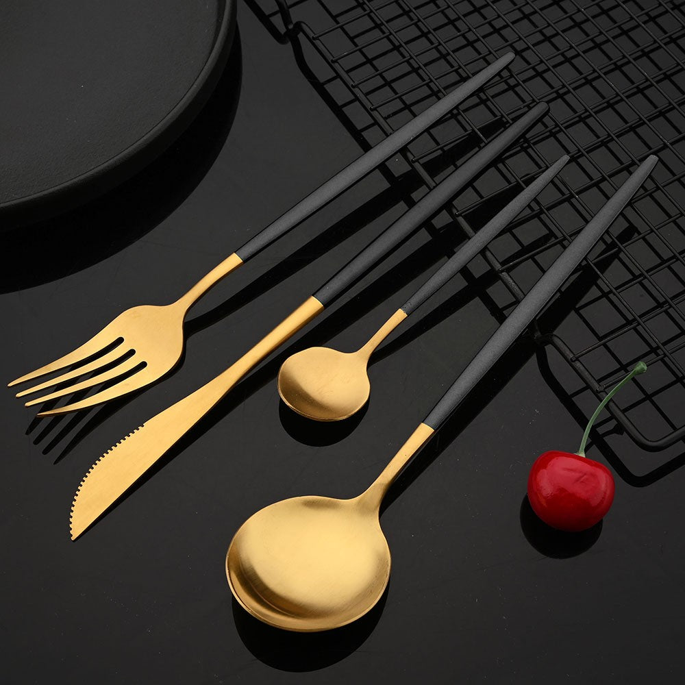 Talheres de Aço Inoxidável Preto Dourado Kit de Talheres Faca de Jantar Colher de Café Garfo Garfo de Salada Colher Faqueiro