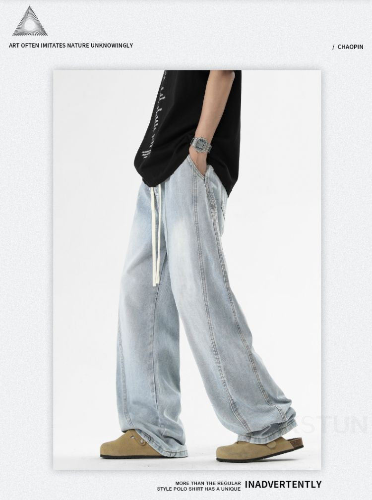 KSTUN Light Blue Jeans Men Straight Loose Mens Baggy Pants Elastic Wasit Wide Leg Jeans Vintage Washed Large Size Spring 2026