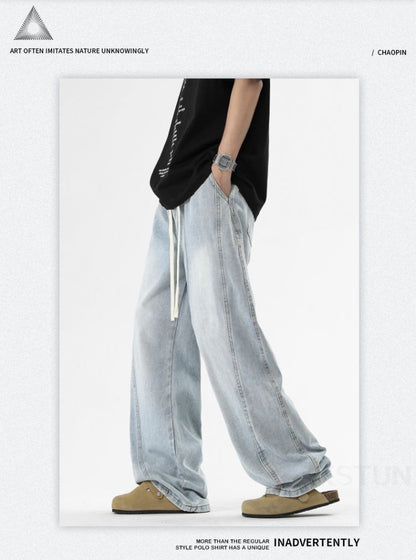 KSTUN Light Blue Jeans Men Straight Loose Mens Baggy Pants Elastic Wasit Wide Leg Jeans Vintage Washed Large Size Spring 2026