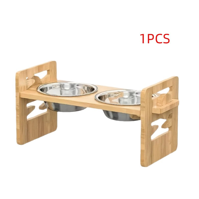 Suporte de Tigela Ajustável para Pets com 6 Posições, Tigelas Duplas de Bambu para Comida e Água de Cães e Gatos, Comedouro Elevado para Cães e Gatos de Pequeno, Médio e Grande Porte