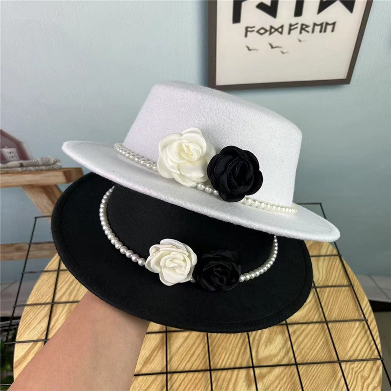 Chapéu Fedora Feminino Corrente Floral Alta Costura com Alfinetes de Pérola Boné em Relevo Preto Branco Outono Inverno Chapéu de Aba Larga para Meninas