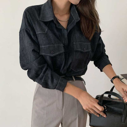 Loose Long Sleeve Casual Denim Shirt Korean Style Loose Fit Shoulder Casual Shirt Pure Color Shirt City Style Commute Shirt