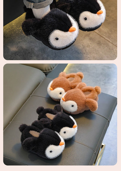 Cute Penguin Boys' Girls' Cotton Slippers 2025 New Winter Fashion Children's Eva Cotton Shoes Non Slip Warm Velvet Home Slippers
