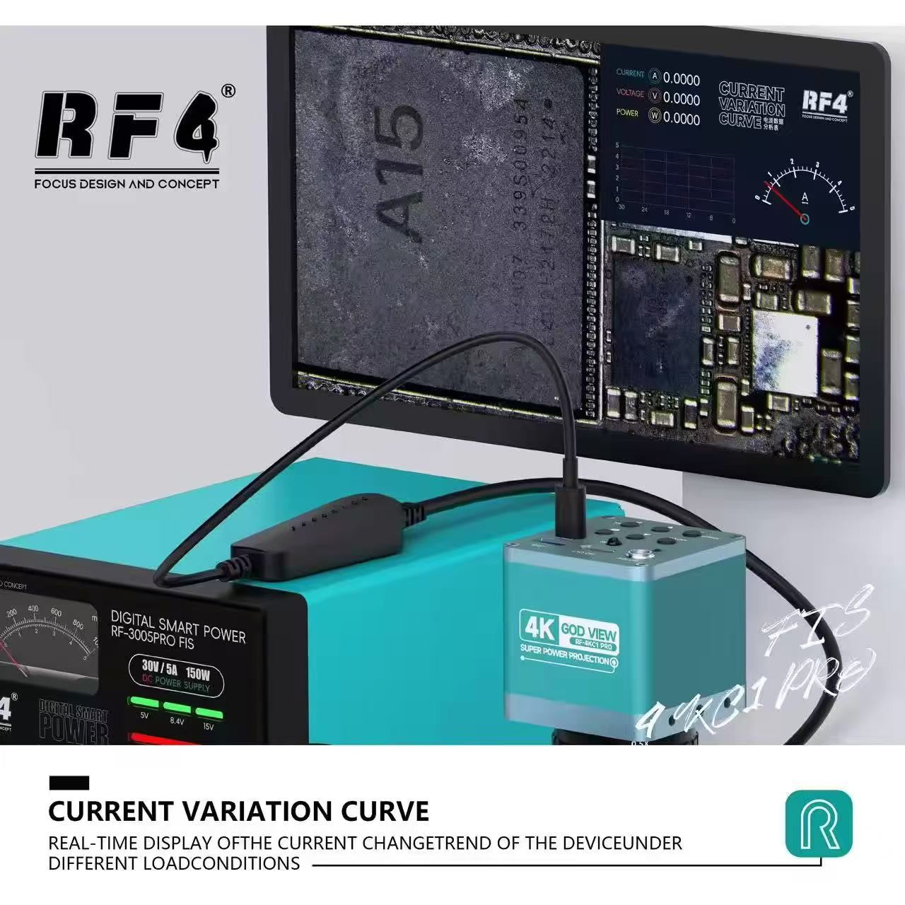 Microscópio Trinocular Estéreo RF4 360° com Braço Articulado para Reparo de Placas PCB de Celulares e Câmera Termográfica 4K C39