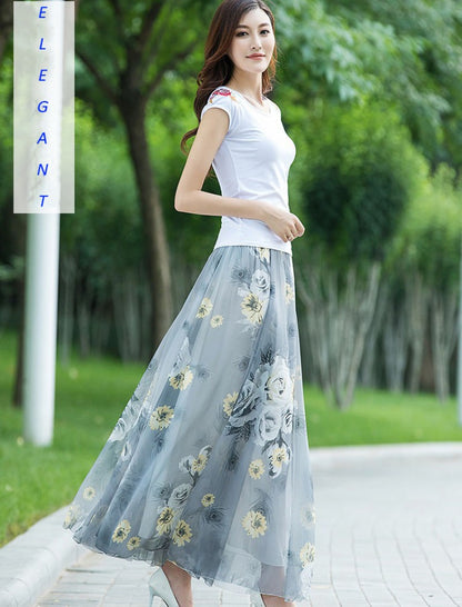 Chiffon Floral Maxi Summer Skirt Women Long High Waist Holiday Dance Skirt Elegant Beach Boho Hot Sale Lady Vintage Girl Fairy
