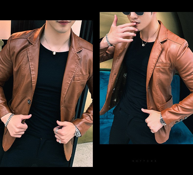 Spring/Autumn Leather Jacket - Plus Size Men's Youth Suit Collar Business Casual Leather Jacket European Sizes XS-3XL