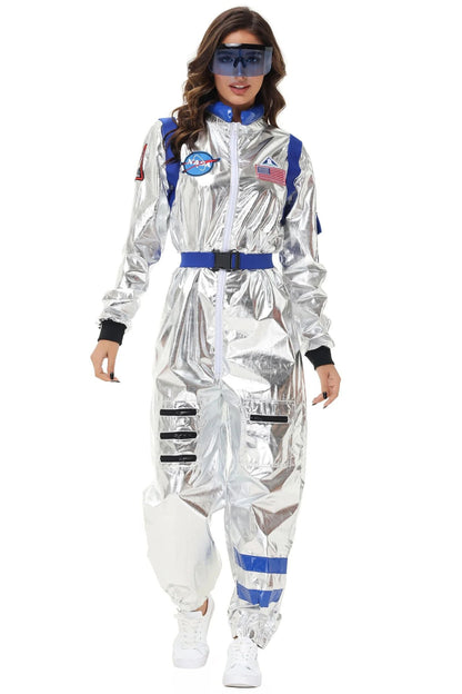 Adult Silver Astronaut Costume Men Women Spaceman Suit Space Jumpsuit Halloween Cosplay Party Dress Up