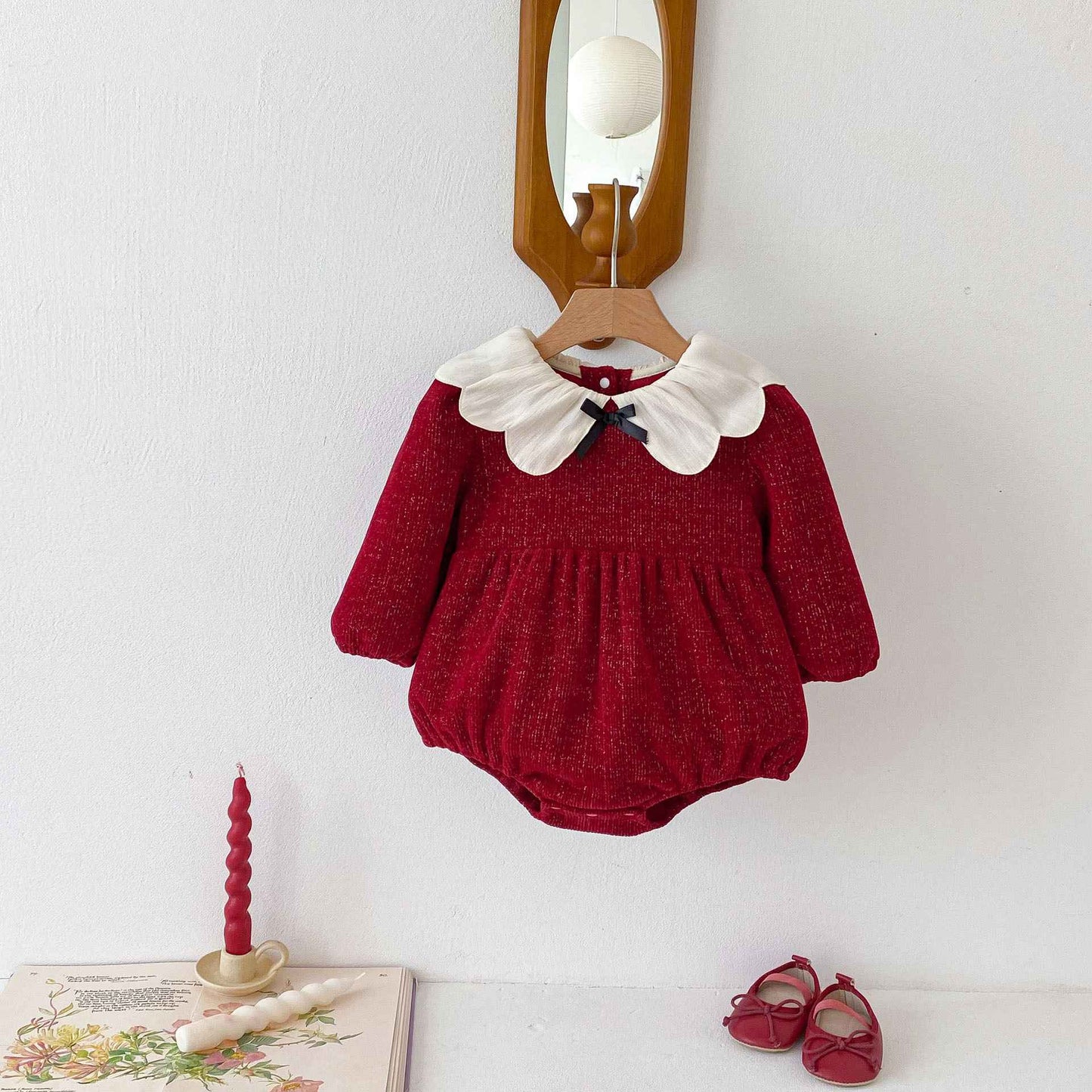Newborn Christmas Red Clothes Autumn Kids Baby Girls Sweet Petal Collar Princess Rompers Infant New Baby Girls Rompers Clothes