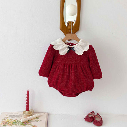 Newborn Christmas Red Clothes Autumn Kids Baby Girls Sweet Petal Collar Princess Rompers Infant New Baby Girls Rompers Clothes